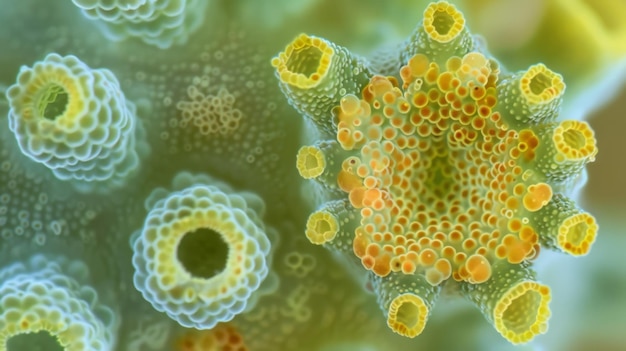 Closeup view of an individual conidium with multiple spores forming a circular pattern resembling a