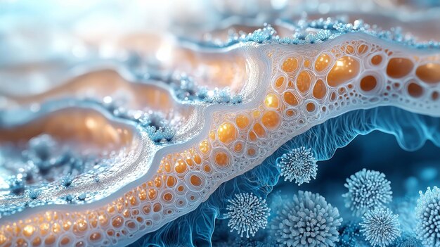 Closeup view of intricate textures and structures in a vibrant blue microbial landscape showcasing nature39s beauty and complexity