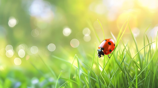 closeup view of ladybug on bokeh grass background