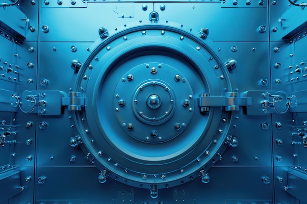 Photo a closeup view of a large circular vault door made of steel painted in a vibrant shade of blue