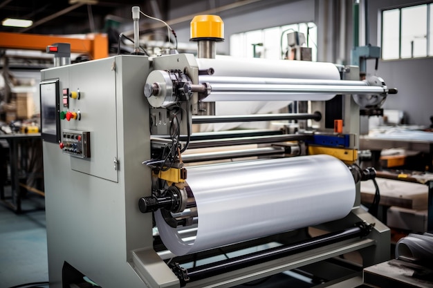 A closeup view of a large industrial laminating machine in operation