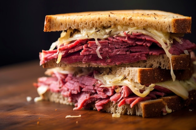 Photo a closeup view of the layers of a reuben sandwich