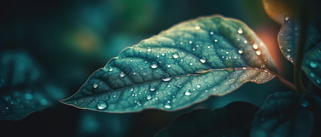 Closeup view of a leaf with water droplets on its surface and visible veins Generative AI