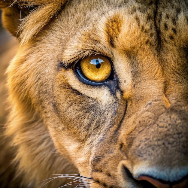 Photo closeup view of a lions eye showcasing intricate details and vibrant colors generative ai