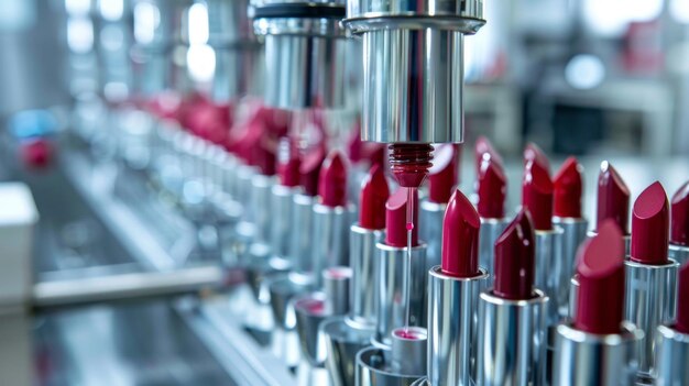 Photo a closeup view of a lipstick filling machine in operation the machine precisely dispenses red lipstick into metal cases creating a beautiful line of finished products