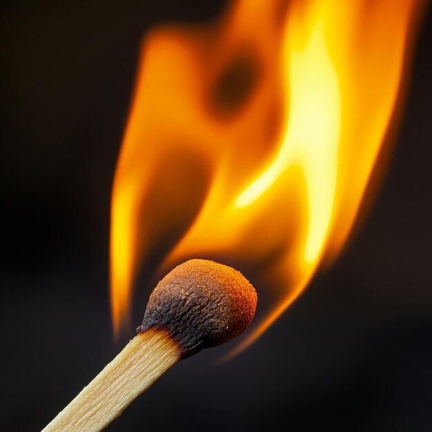 A closeup view of a lit match with a bright orange flame against a black background