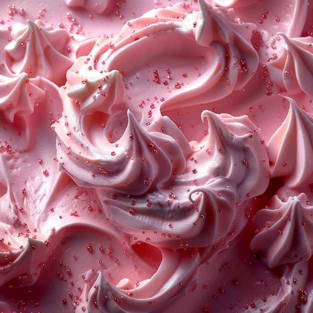 Closeup view of luscious pink whipped cream topped with colorful sprinkles