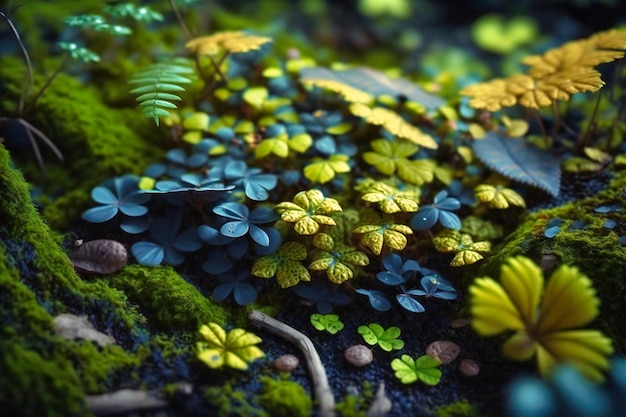 A closeup view of a lush green forest floor covered in leaves and underbrush