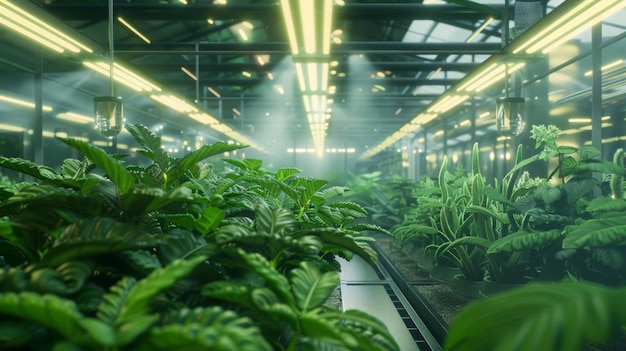 A closeup view of lush green plants in a modern indoor plant nursery the plants are being misted by