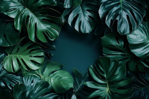 Photo a closeup view of lush green tropical leaves arranged in a frame around a dark green background