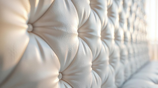 Photo closeup view of luxurious white leather upholstery with intricate button tufting showcasing the texture and craftsmanship in highend furniture design