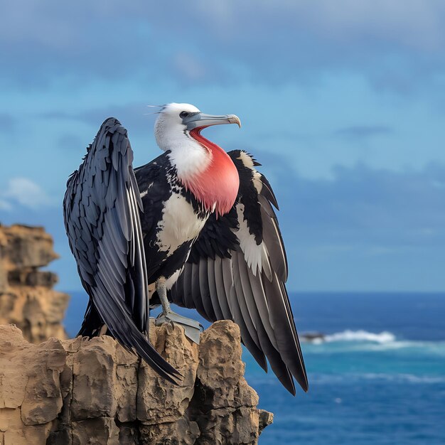 Photo a closeup view of a magnificent frigate bird perched on a rugged cliff edge