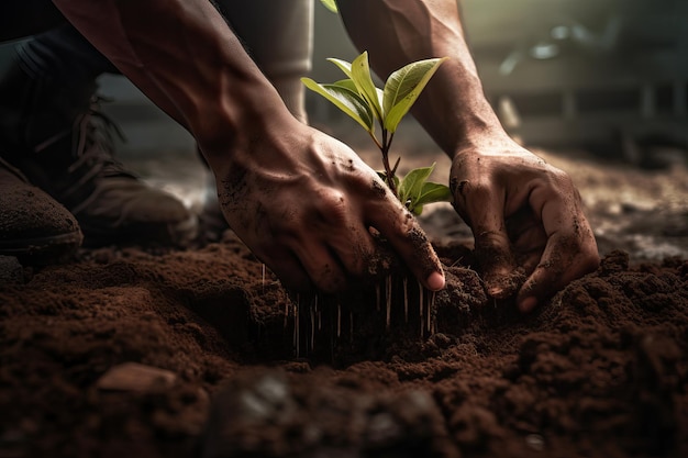 Closeup view of a male hands is planting a little tree in his garden