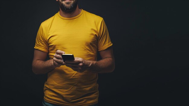 Closeup view of a man with short hair and beard wearing a yellow tshirt holding a smartphone