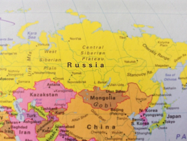 Photo closeup view of map russia map background