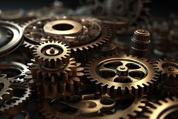 Closeup view of mechanical gears in motion Generative AI