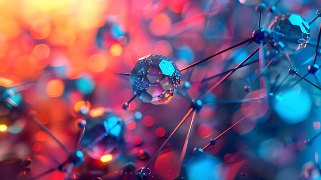 Closeup view of a mesmerizing holographic 3D sculpture with interconnected spheres and polygons