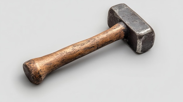 A closeup view of a metal hammer resting on a plain background showcasing its wooden handle and sturdy head perfect for construction tasks