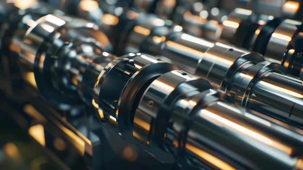 A closeup view of metallic machinery consisting of interconnected shiny gears and shafts with a focus on the intricate details