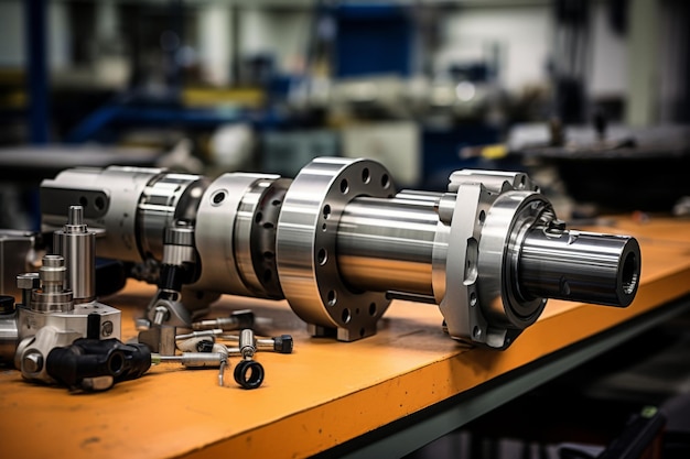 Closeup view of a meticulously crafted spindle shaft resting on a workbench in an industrial