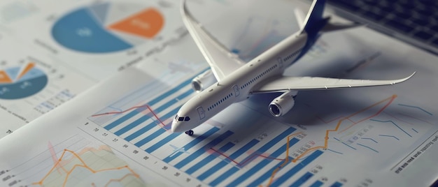 A closeup view of a model airplane placed on top of financial charts and graphs symbolizing business and travel