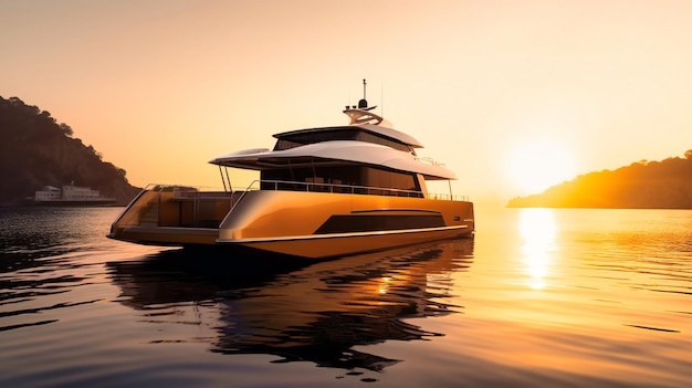 A closeup view of a modern and stylish catamaran anchored in a secluded bay during golden hour with a personalized champagne bar