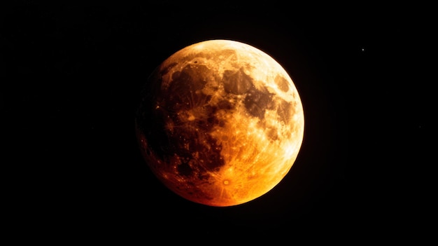 A closeup view of the moon during a lunar event showcasing its surface details and color