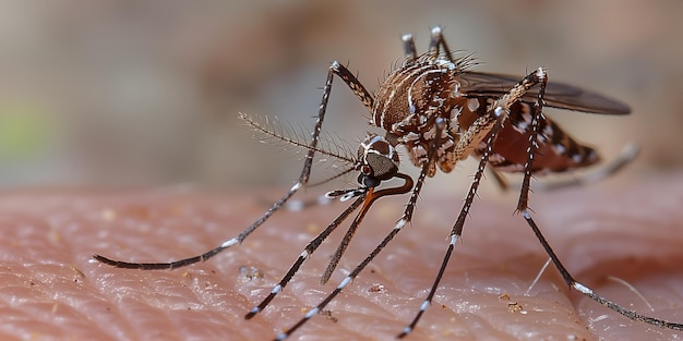 Photo closeup view of a mosquito biting human skin