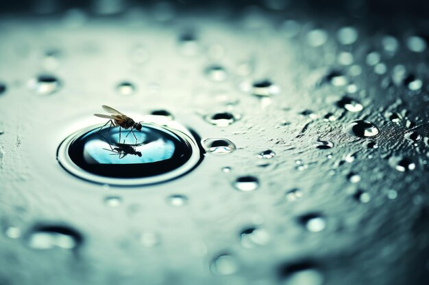 Photo closeup view of a mosquito trapped inside a glistening water droplet on a leaf surface