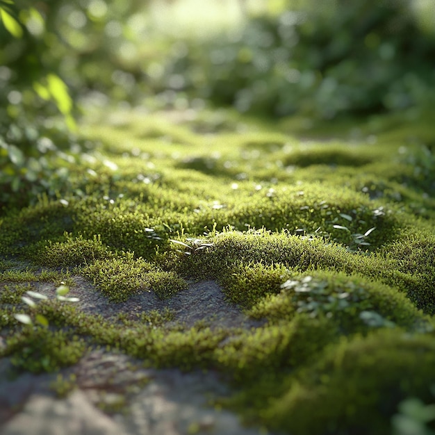 Photo a closeup view of a mossy field in a shady woodland area with soft lighting