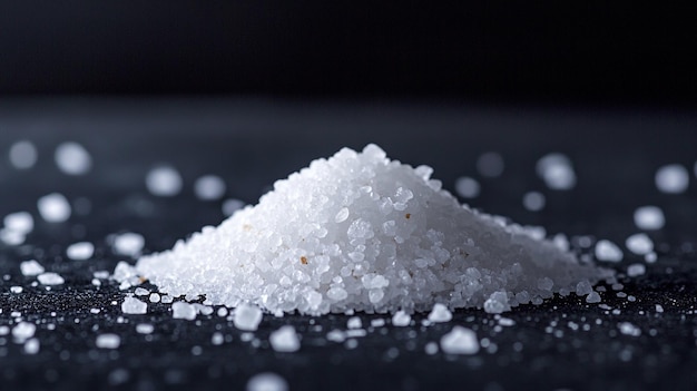 A closeup view of a mountain of salt crystals scattered on a dark surface highlighting the texture