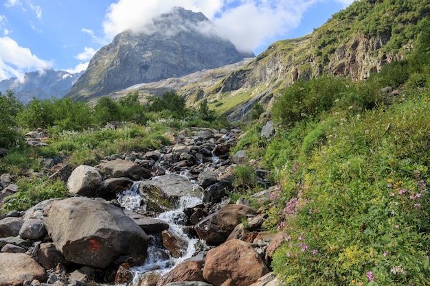 Closeup view mountains scenes in national park Dombai, Caucasus, Russia, Europe. Summer landscape, sunshine weather, dramatic blue sky and sunny day