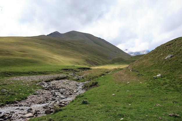 Closeup view mountains scenes in national park Dombai, Caucasus, Russia, Europe. Summer landscape, sunshine weather, dramatic blue sky and sunny day