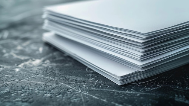 Closeup view of a neatly stacked pile of white paper on a dark textured table emphasizing simplicity and organization