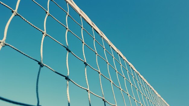 Photo closeup view of netting against a bright blue sky background with knots and texture