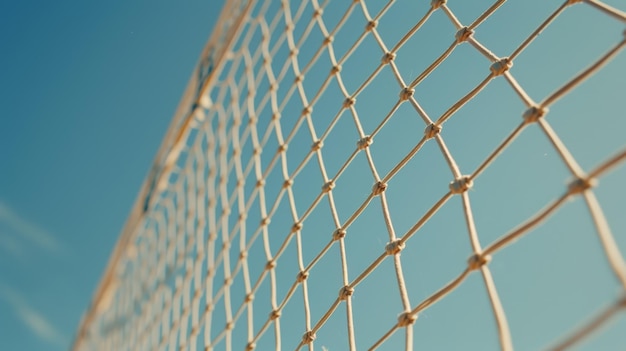 Photo closeup view of netting against a bright blue sky background with knots and texture