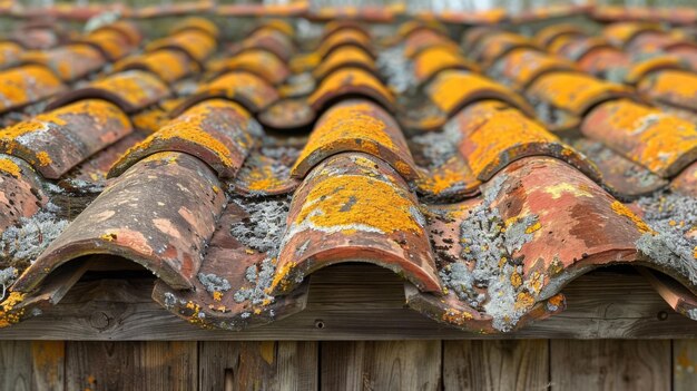 A closeup view of an old weathered tiled roof covered in patches of orange lichen evoking the feeling of rustic charm