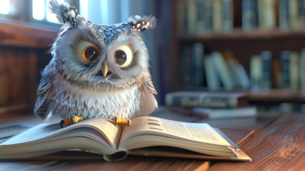 Photo closeup view of the owl sitting behind an open book lying on a wooden table as if reading a book ai generated image