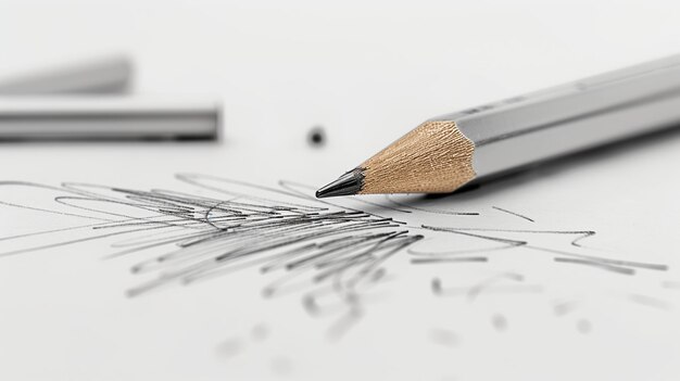 Photo closeup view of a pencil creating abstract sketches on paper