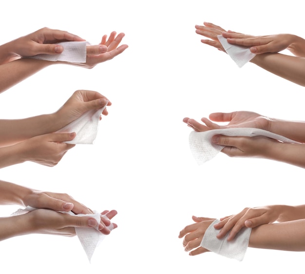 Closeup view of people cleaning hands with wet wipes on white background collage