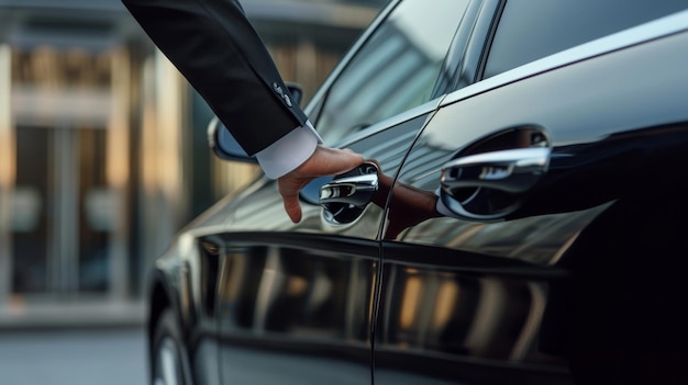 closeup view of a person in a business suit opening a black car door