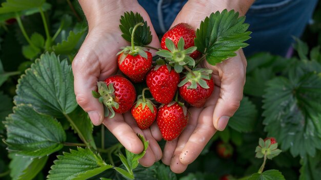 Closeup view of a person holding in both hands delicious strawberries