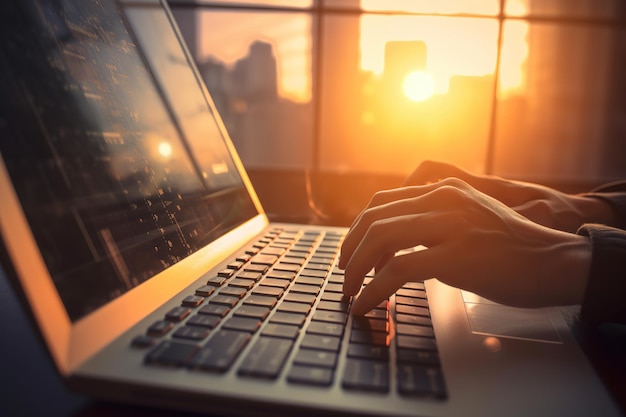 Closeup view of person typing on laptop keyboard with a blurred background Made with Generative AI