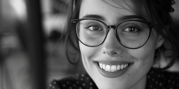 A closeup view of a person wearing glasses with facial details and accessories visible