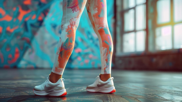 A closeup view of a person39s legs covered in colorful paint