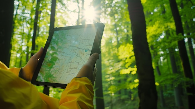 Photo closeup view of a persons hands holding a digital tablet displaying a map with a sunlit forest in the background