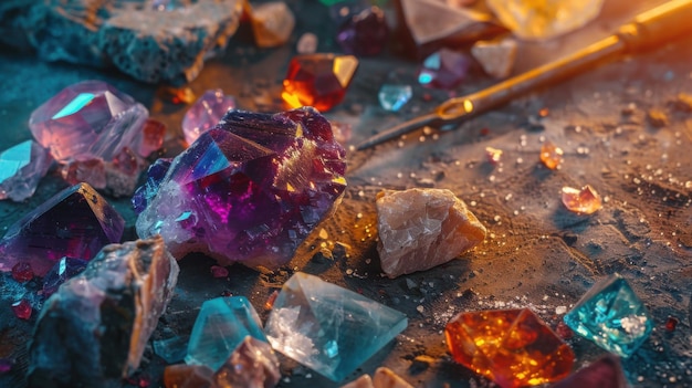 Photo a closeup view of a pile of various rocks and crystals on a table