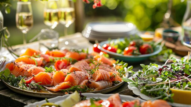 Closeup view of a plate with lightly salted salmon and vegetables on the wooden table in the garden