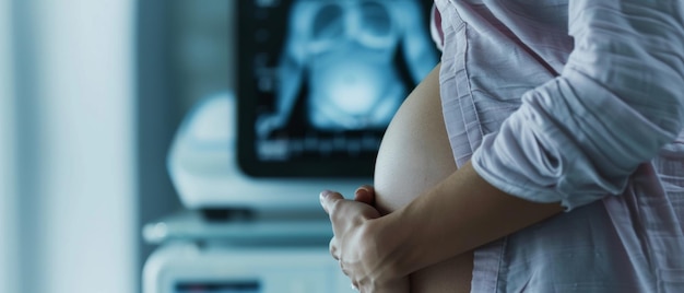 Photo a closeup view of a pregnant woman cradling her belly with a blurred ultrasound image visible on a screen in the background