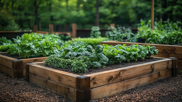 Photo a closeup view of a raised garden bed filled with leafy green vegetables